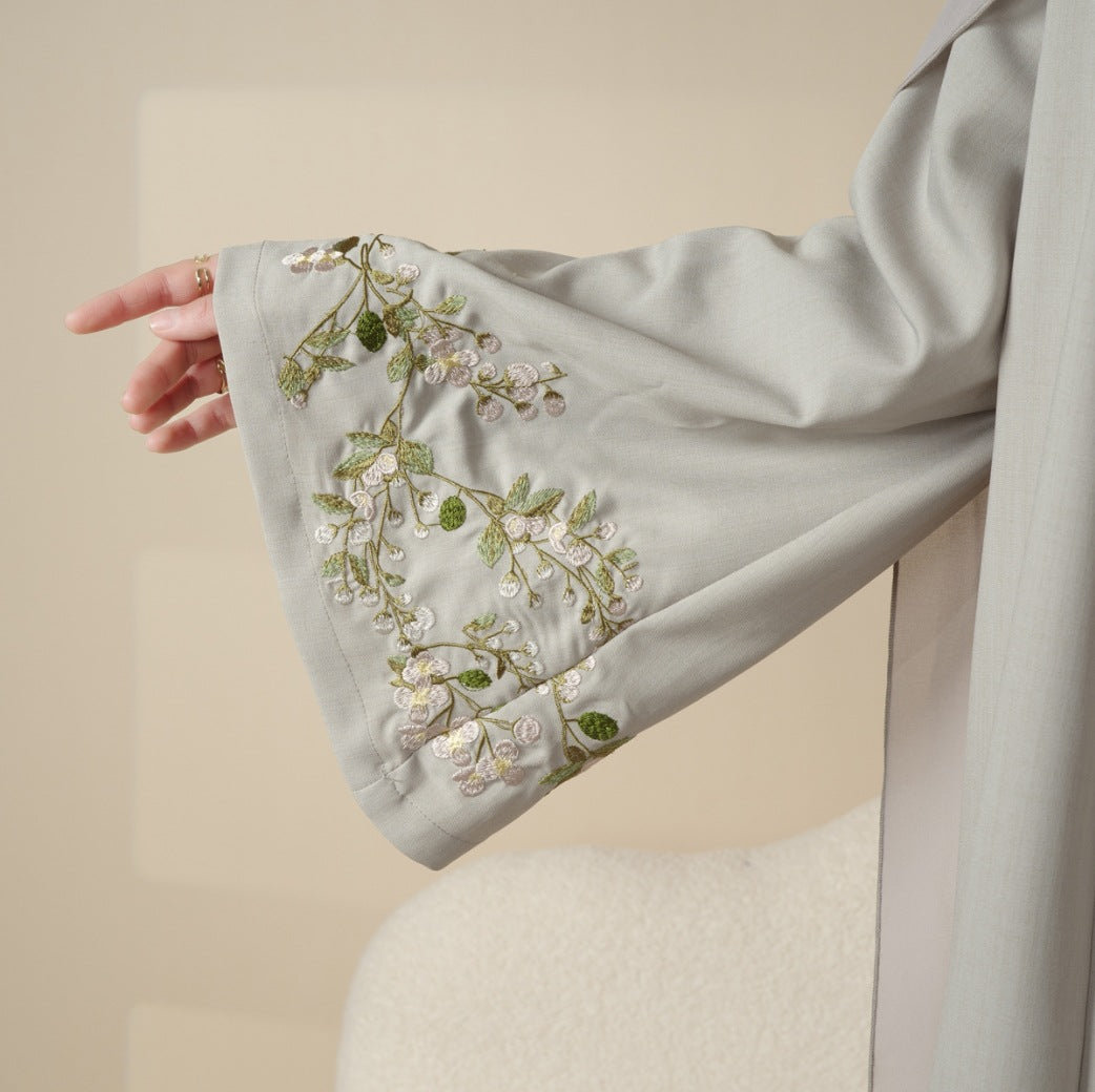 Floral Embroidered Abaya 3 Piece Set - Light Grey