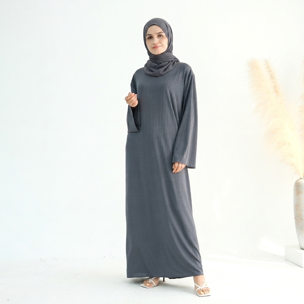 Ribbed Knit Jersey Long Sleeve Abaya – Slate Grey