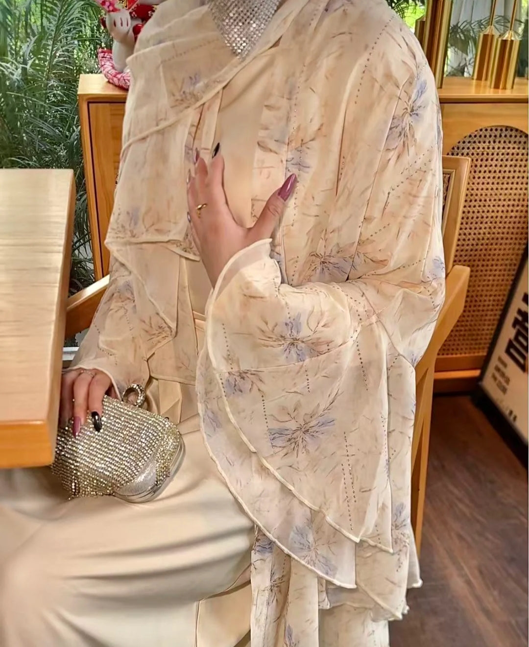 Floral Print Chiffon Abaya 3 pcs Set - Beige