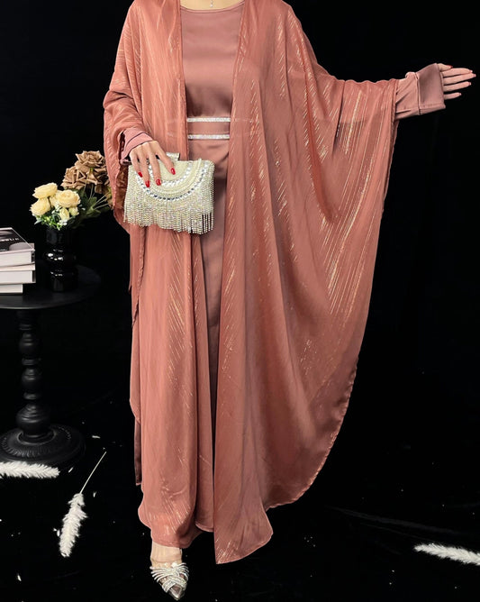 Eid Collection | Elegant Shimmery Abaya 3 pcs Set in Blush Pink