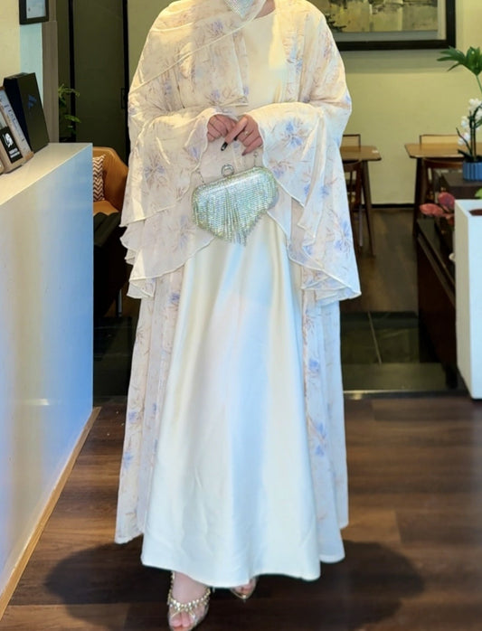 Floral Print Chiffon Abaya 3 pcs Set - Beige
