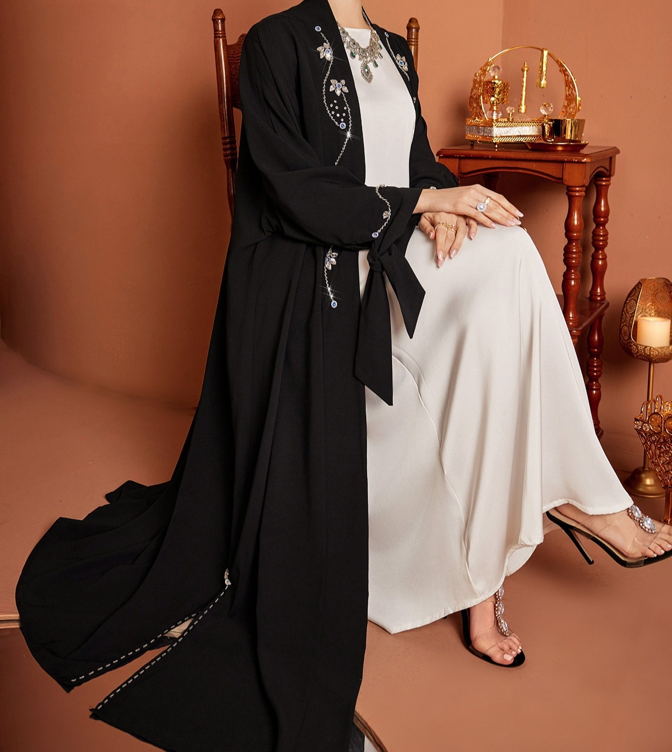 Rhinstones Open Abaya in Black