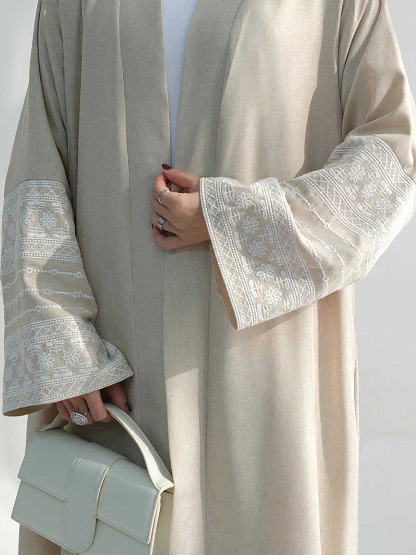 Open Abaya With Embroidered Sleeves - Beige (clearance item online only)