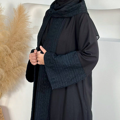 Embroidered Linen Abaya 3 Piece Set - Black
