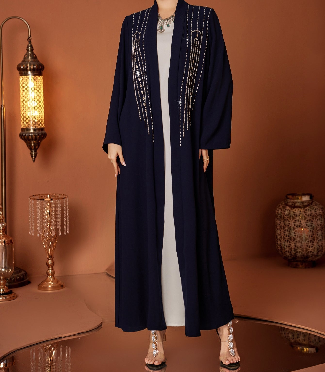 Rhistones Open Abaya in Dark Navy