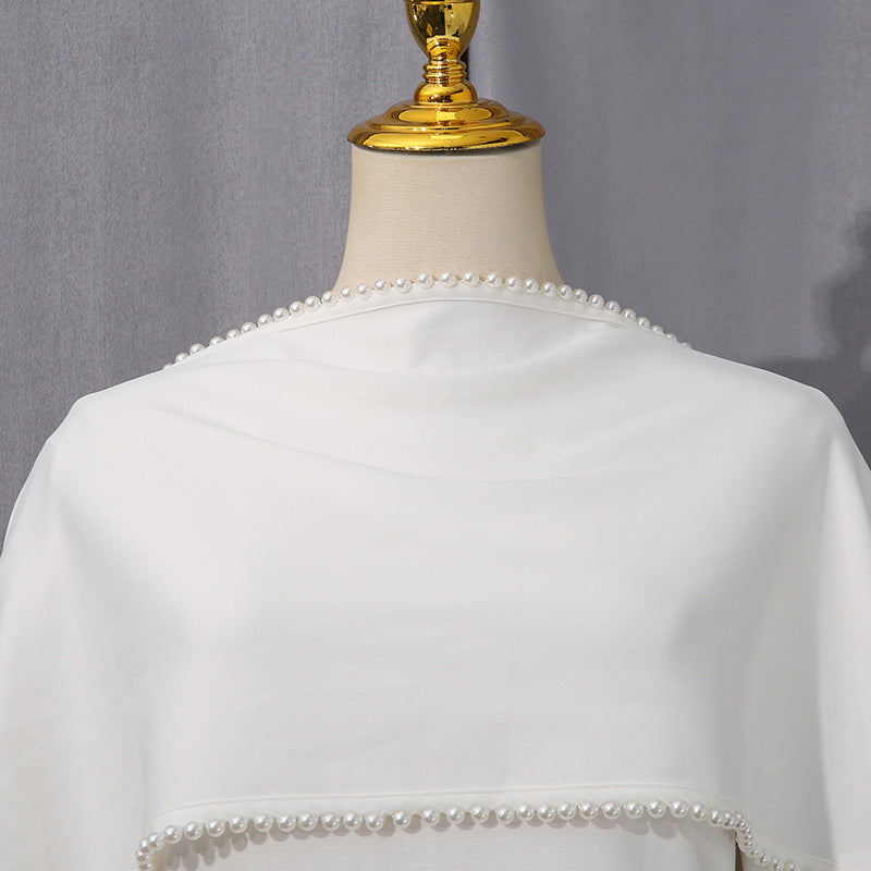 White Jersey Abaya with Matching Decorative Pearl Strip