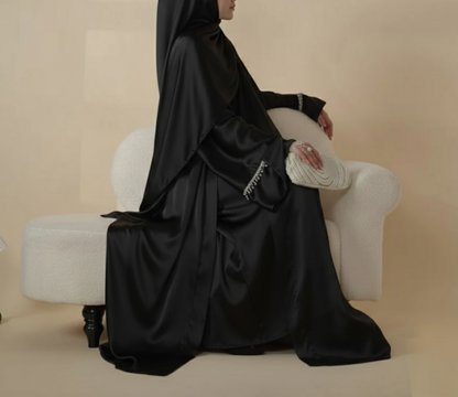 Rhinestones Satin Abaya 6 pcs Set - Black