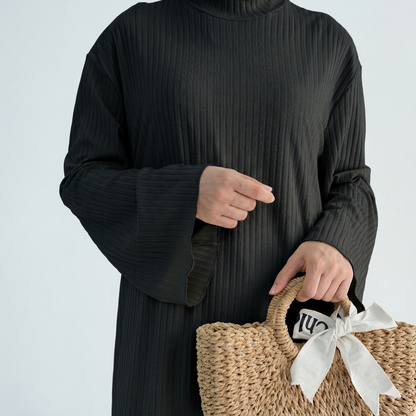 Ribbed Knit Jersey Long Sleeve Abaya – Black