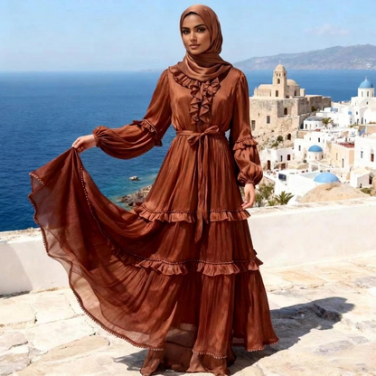 Floral Tasseled Glossy Bronze Tiered Maxi Dress - Clearance Online Only
