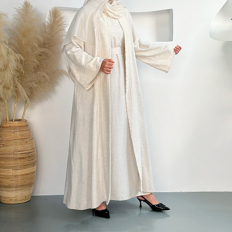 Embroidered Linen Abaya 3 Piece Set - Beige