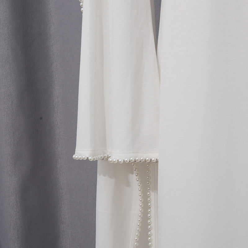White Jersey Abaya with Matching Decorative Pearl Strip