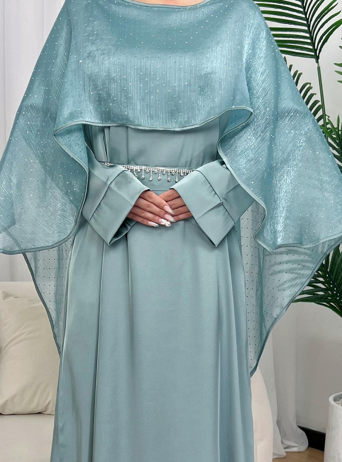Eid Edit|Elegant Satin Abaya with Dazzling Cape & Rhinestones Belt in Dusty Aqua|Eid Abaya Dresses