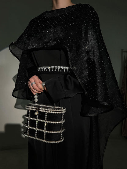 Eid Edit|Elegant Satin Abaya with Dazzling Cape & Rhinestones Belt in Black|Eid Abaya Dresses