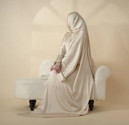 Rhinestones Satin Abaya 6 pcs Set - Golden Beige