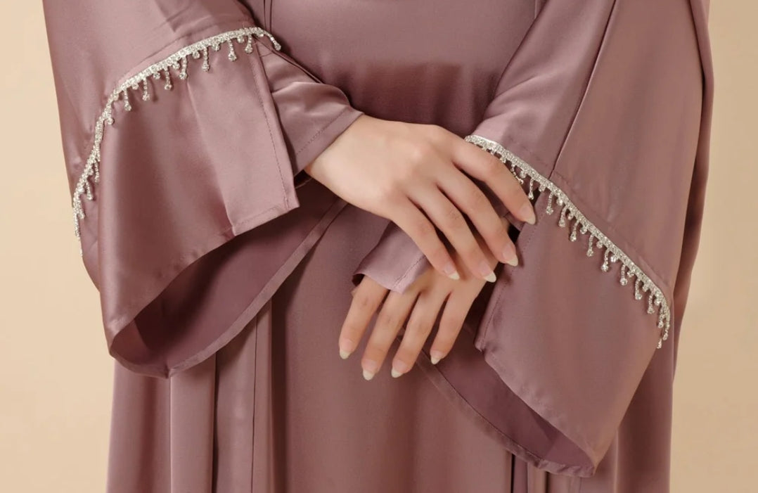 Rhinestones Satin Abaya 6 pcs Set - Berry