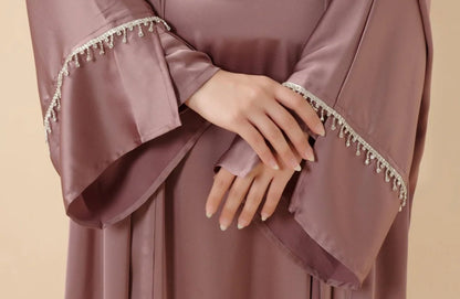 Rhinestones Satin Abaya 6 pcs Set - Berry