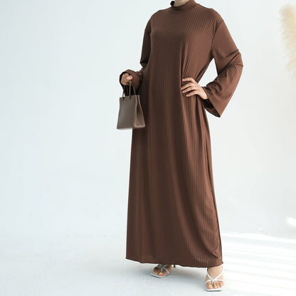 Ribbed Knit Jersey Long Sleeve Abaya – Coffee Brown
