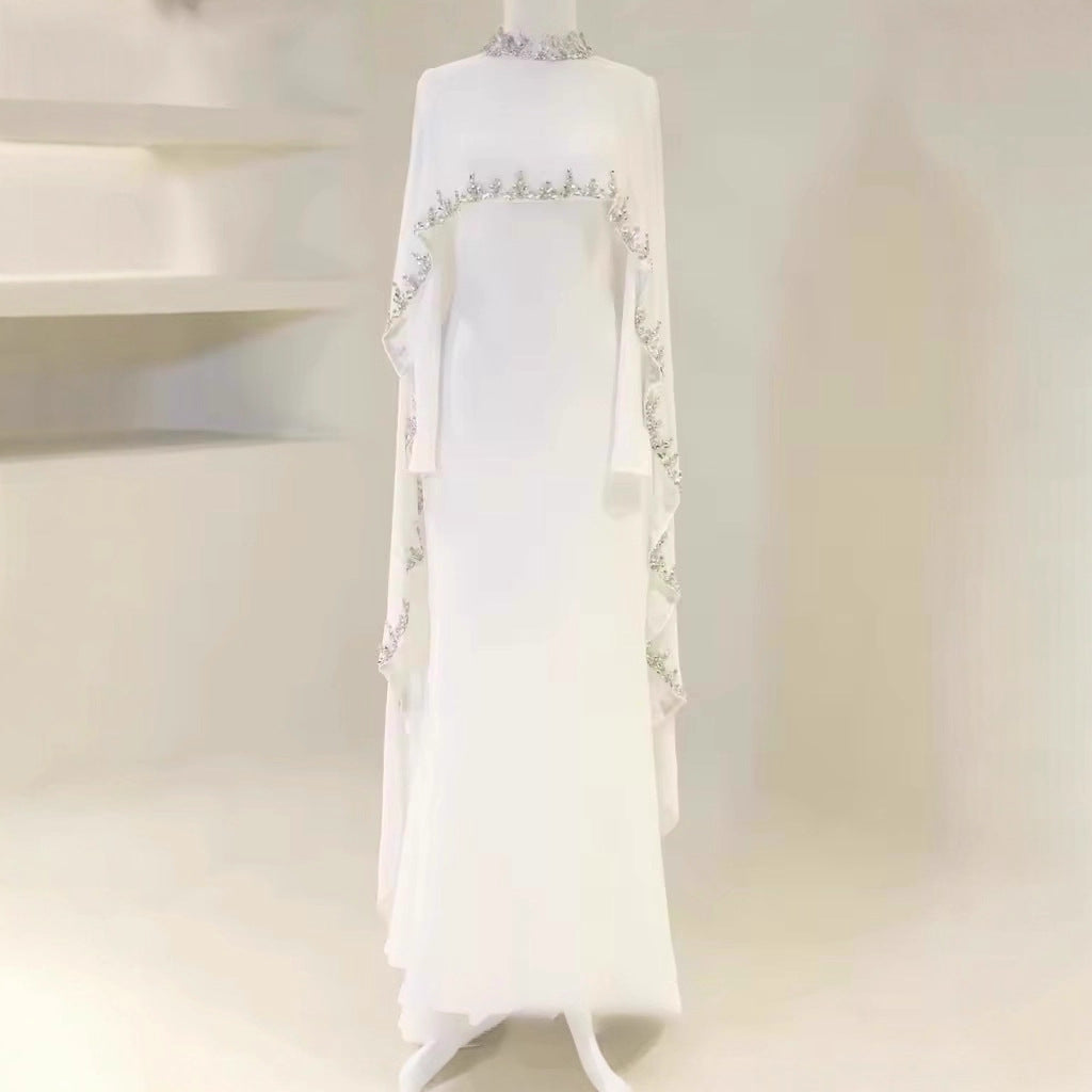 The Ethereal Cape-Overlay Abaya Set | Rhistones Heavy Decoration Abaya Set - White