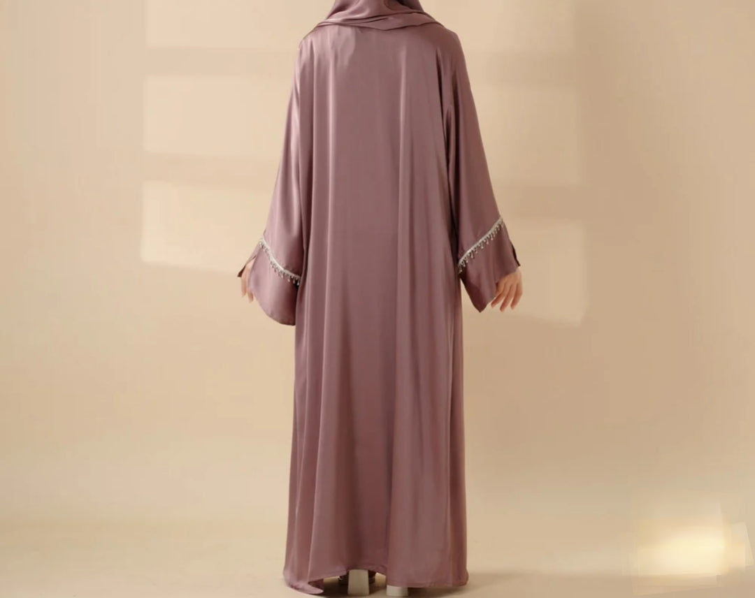 Rhinestones Satin Abaya 6 pcs Set - Berry