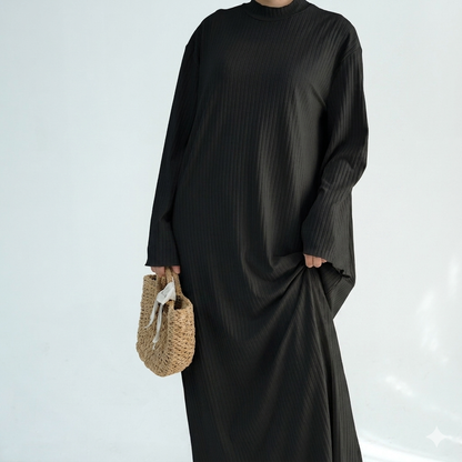 Ribbed Knit Jersey Long Sleeve Abaya – Black