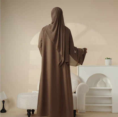Floral Embroidered Abaya 3 Piece Set - Mocha