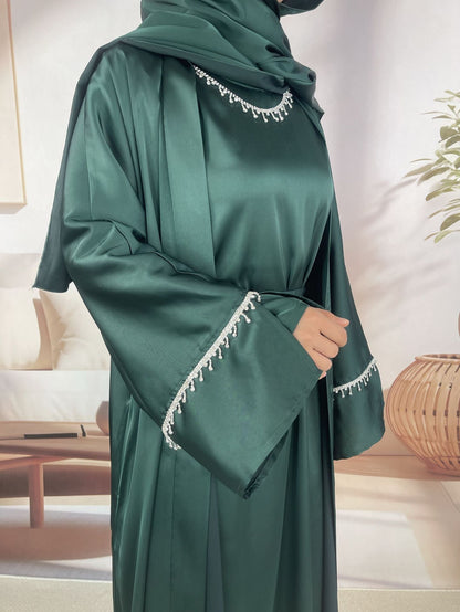 Rhinestones Satin Abaya 6 pcs Set - Emerald Green