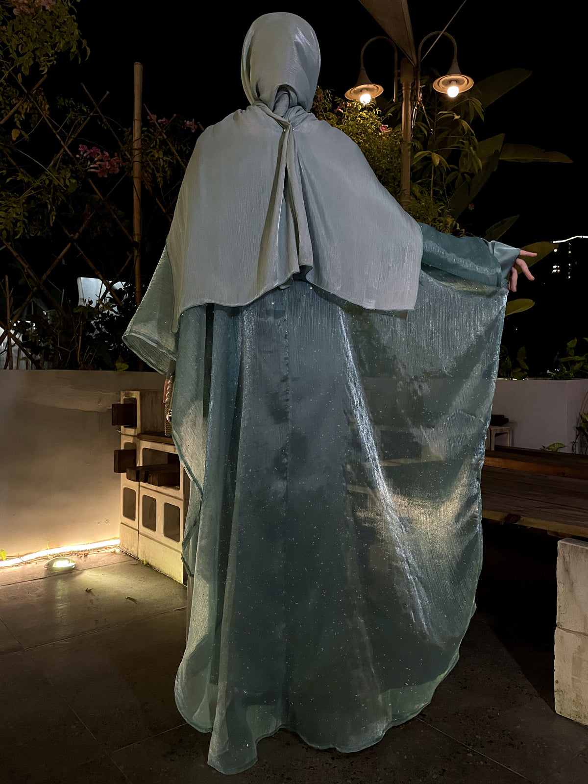 Eid Edit|Elegant Satin Abaya with Dazzling Cape & Rhinestones Belt in Dusty Aqua|Eid Abaya Dresses