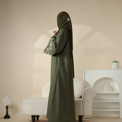 Floral Embroidered Abaya 3 Piece Set - Olive Green