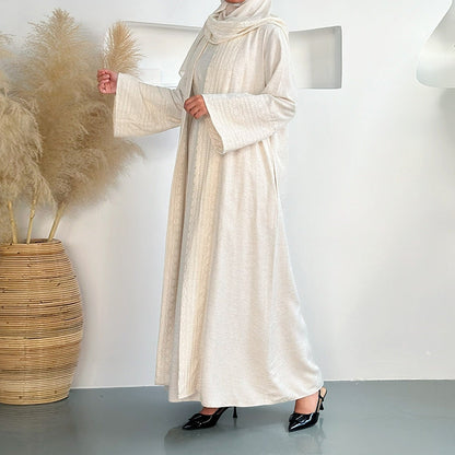Embroidered Linen Abaya 3 Piece Set - Beige