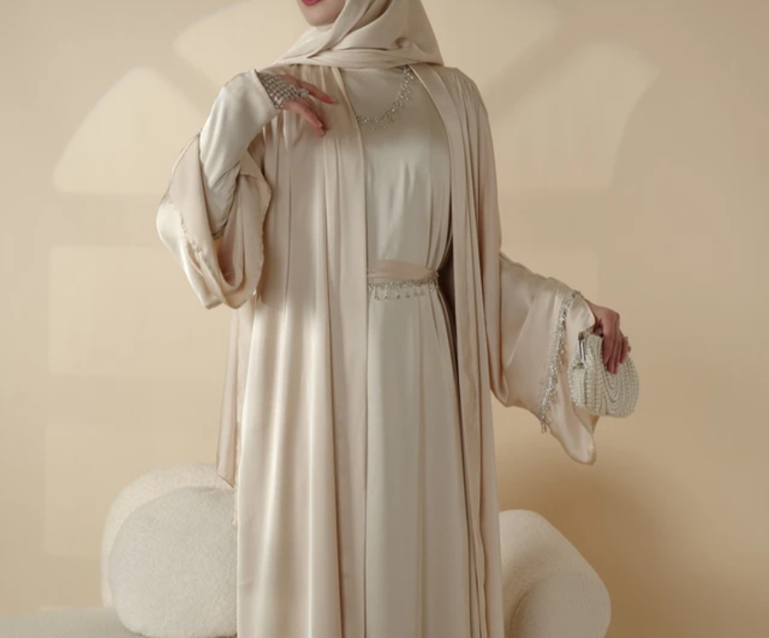 Rhinestones Satin Abaya 6 pcs Set - Golden Beige
