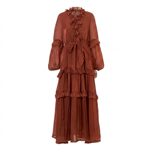 Floral Tasseled Glossy Bronze Tiered Maxi Dress - Clearance Online Only