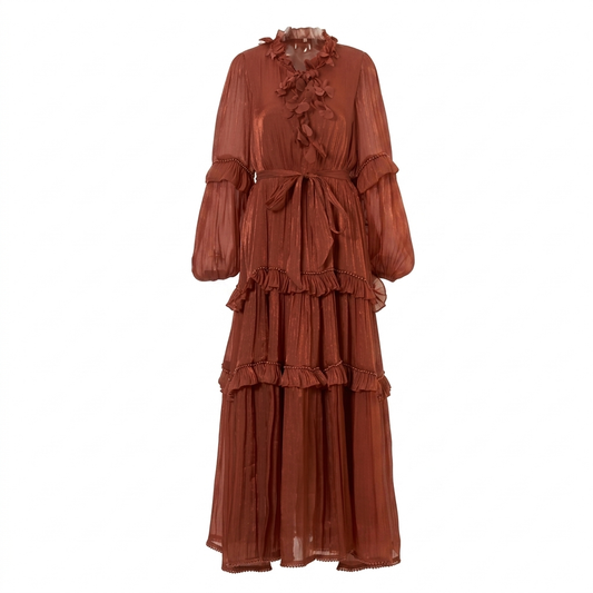 Floral Tasseled Glossy Bronze Tiered Maxi Dress - Clearance Online Only