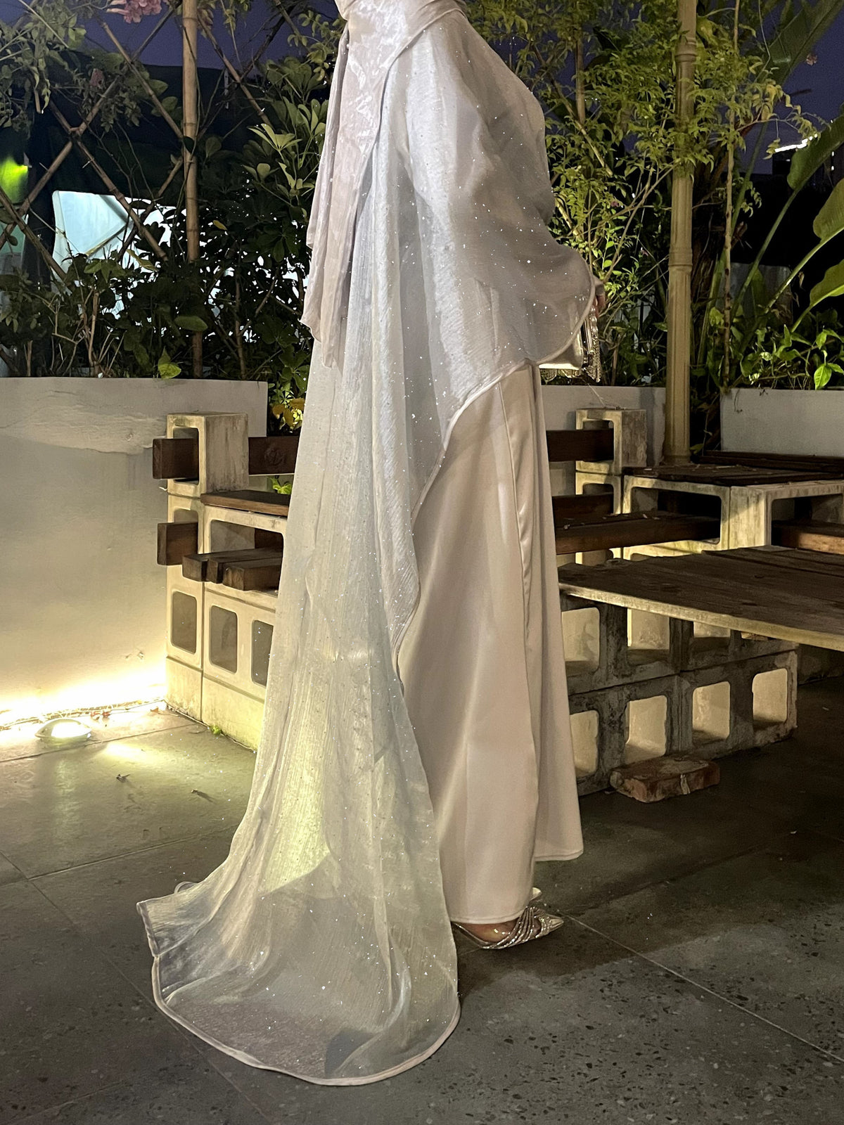 Eid Edit|Elegant Satin Abaya with Dazzling Cape & Rhinestones Belt in Silver Grey|Eid Abaya Dresses