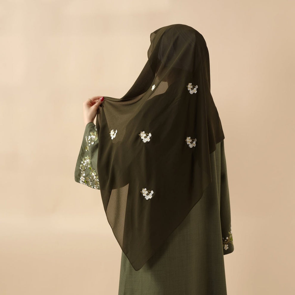 Floral Embroidered Abaya 3 Piece Set - Olive Green