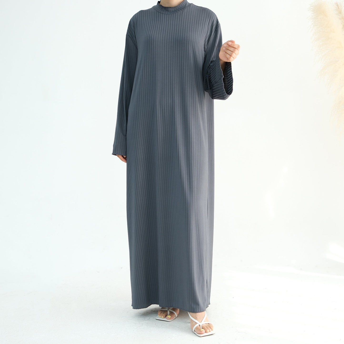 Ribbed Knit Jersey Long Sleeve Abaya – Slate Grey