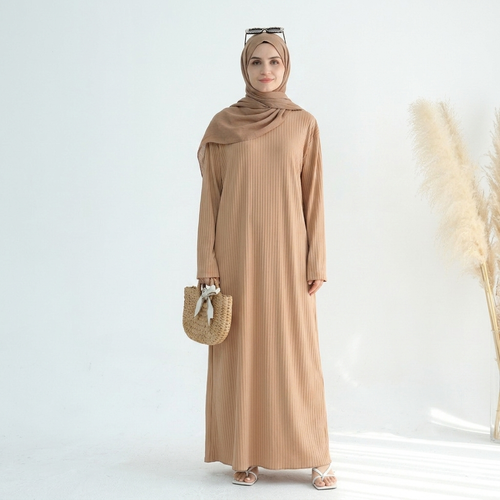 Ribbed Knit Jersey Long Sleeve Abaya – Apricot