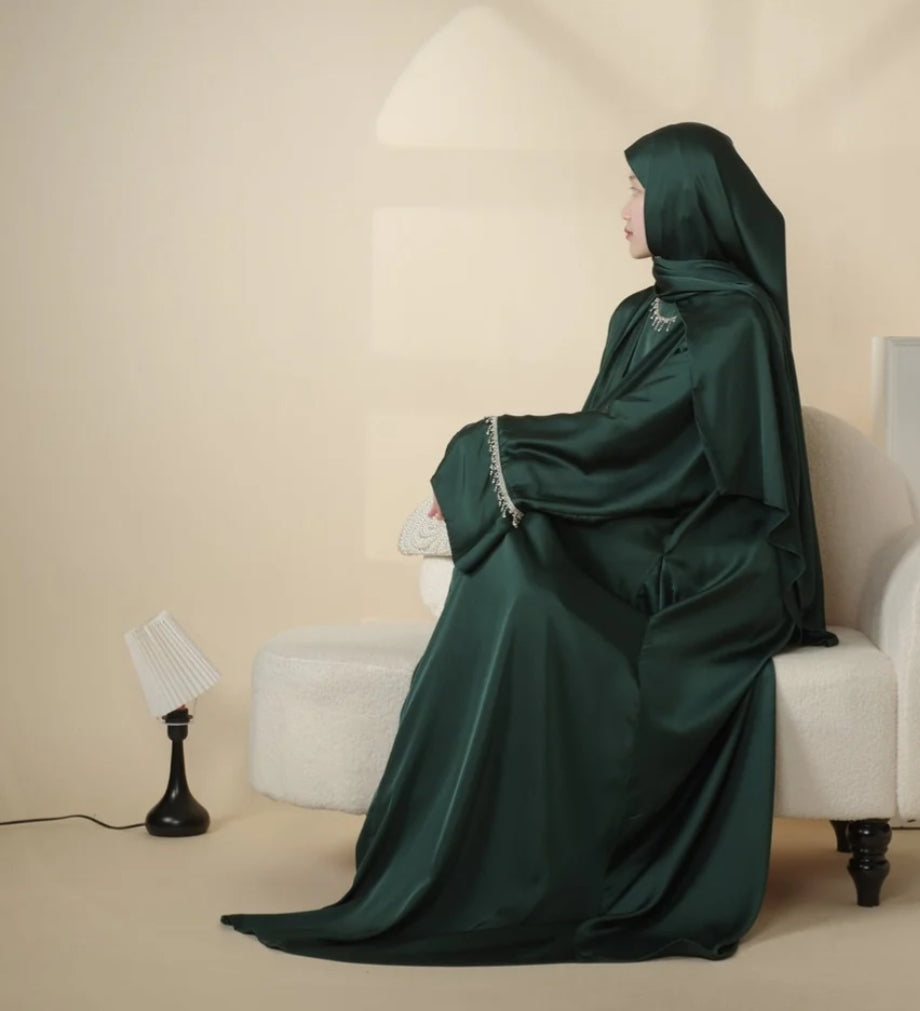 Rhinestones Satin Abaya 6 pcs Set - Emerald Green