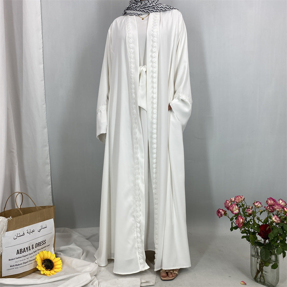 Plain Open Abaya with Decoration - White