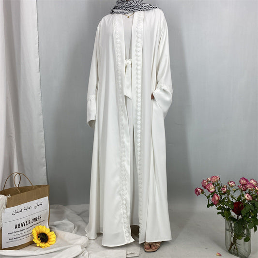 Plain Open Abaya with Decoration - White