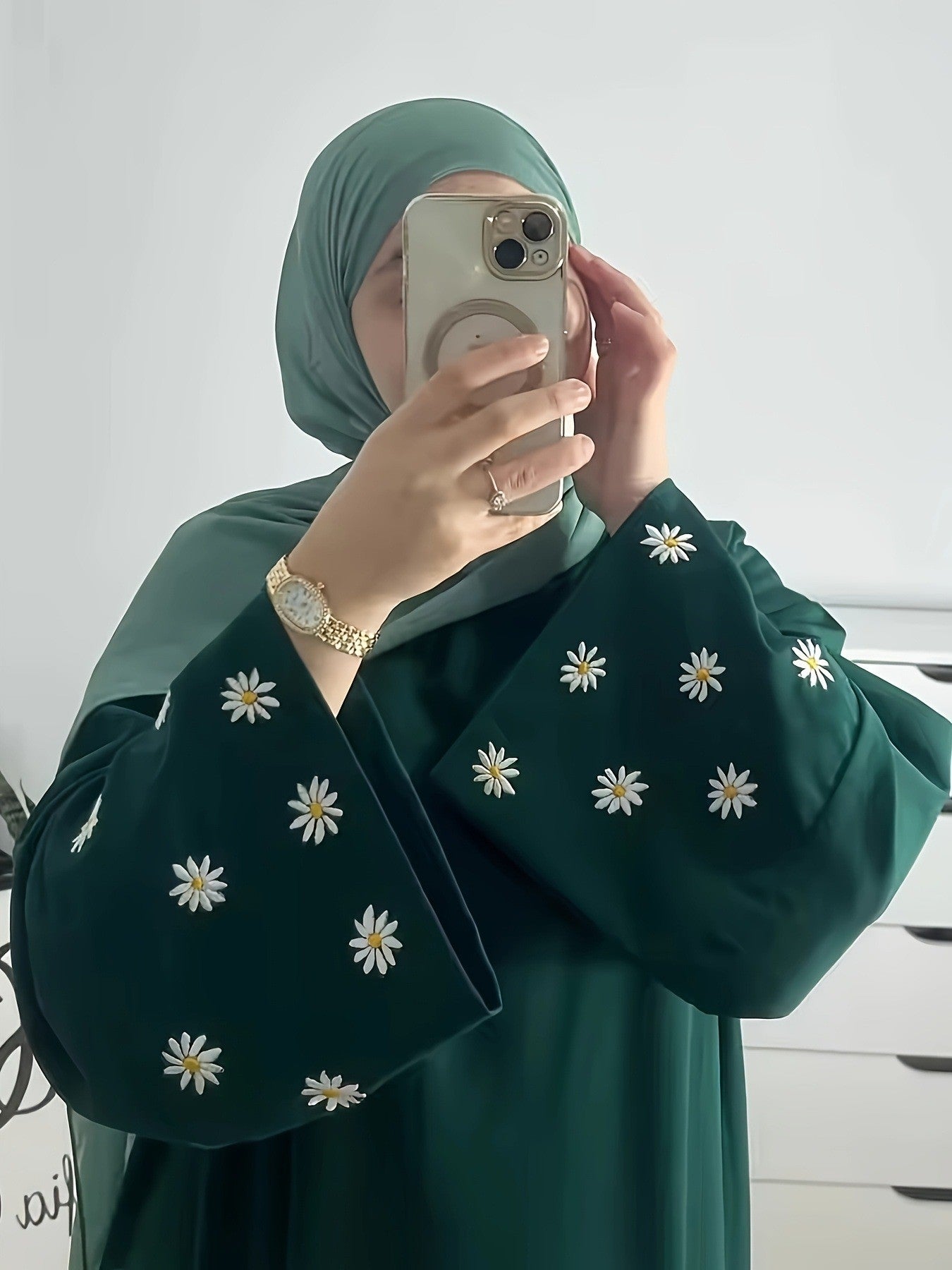 Plain Abaya wt Daisy Embroidered Sleeves - Green