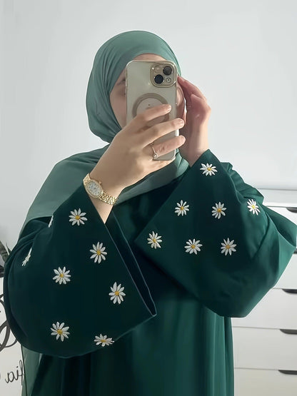 Plain Abaya wt Daisy Embroidered Sleeves - Green