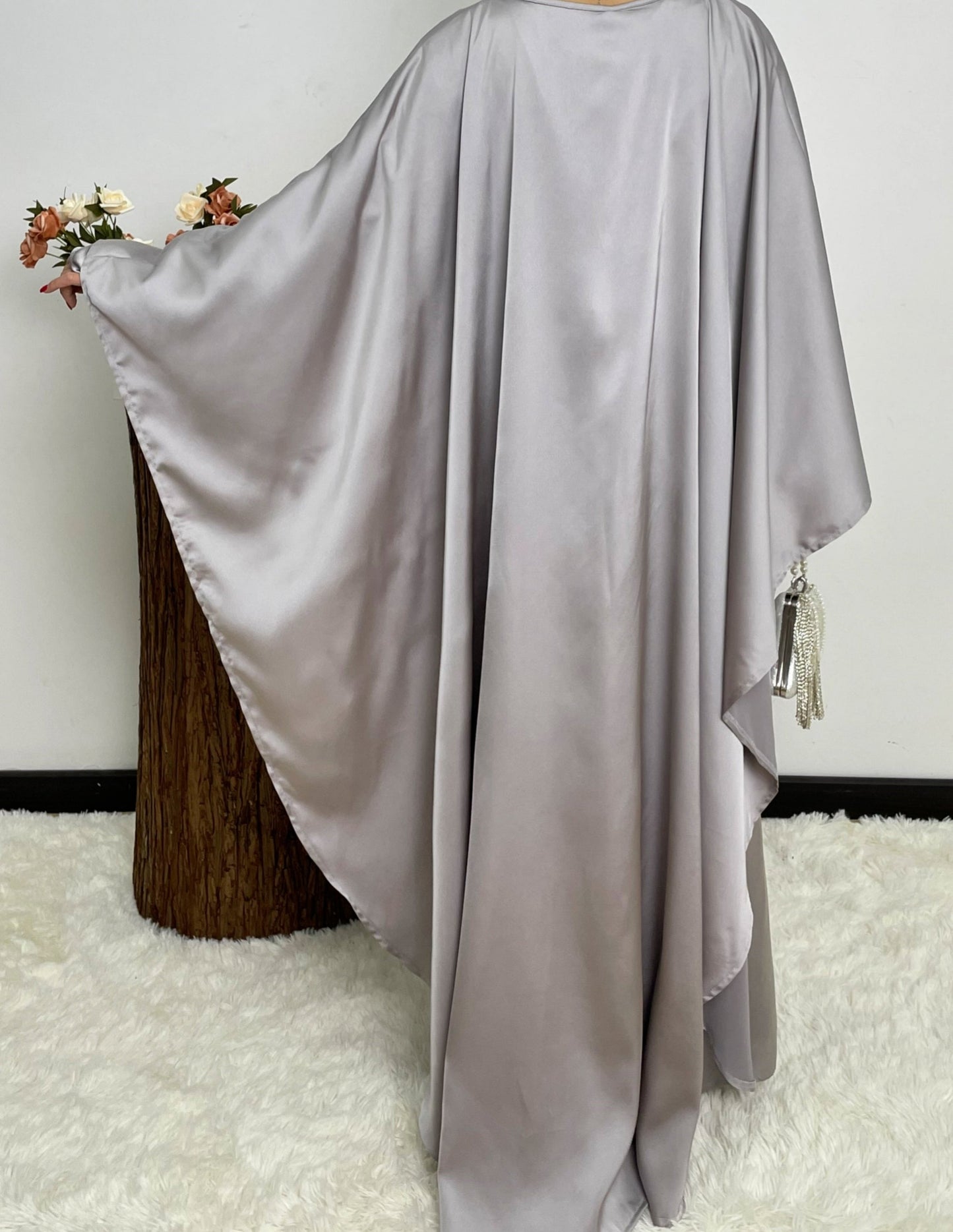 Eid Dress Elegant Satin Cape Abaya | Modest Eid Dress with Pearl & Rhinestone in Pearl Grey (clearance online only)