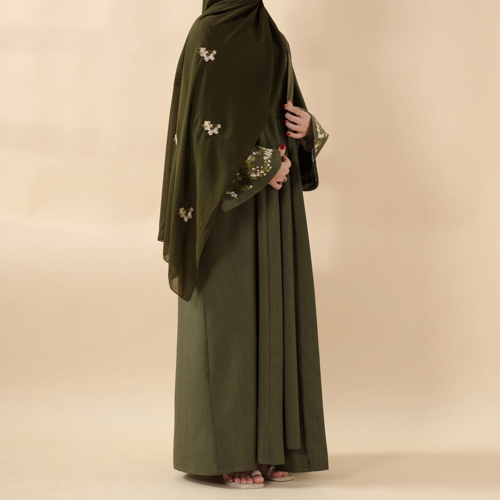 Floral Embroidered Abaya 3 Piece Set - Olive Green
