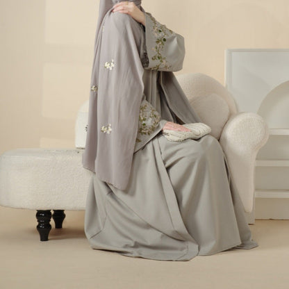 Floral Embroidered Abaya 3 Piece Set - Light Grey