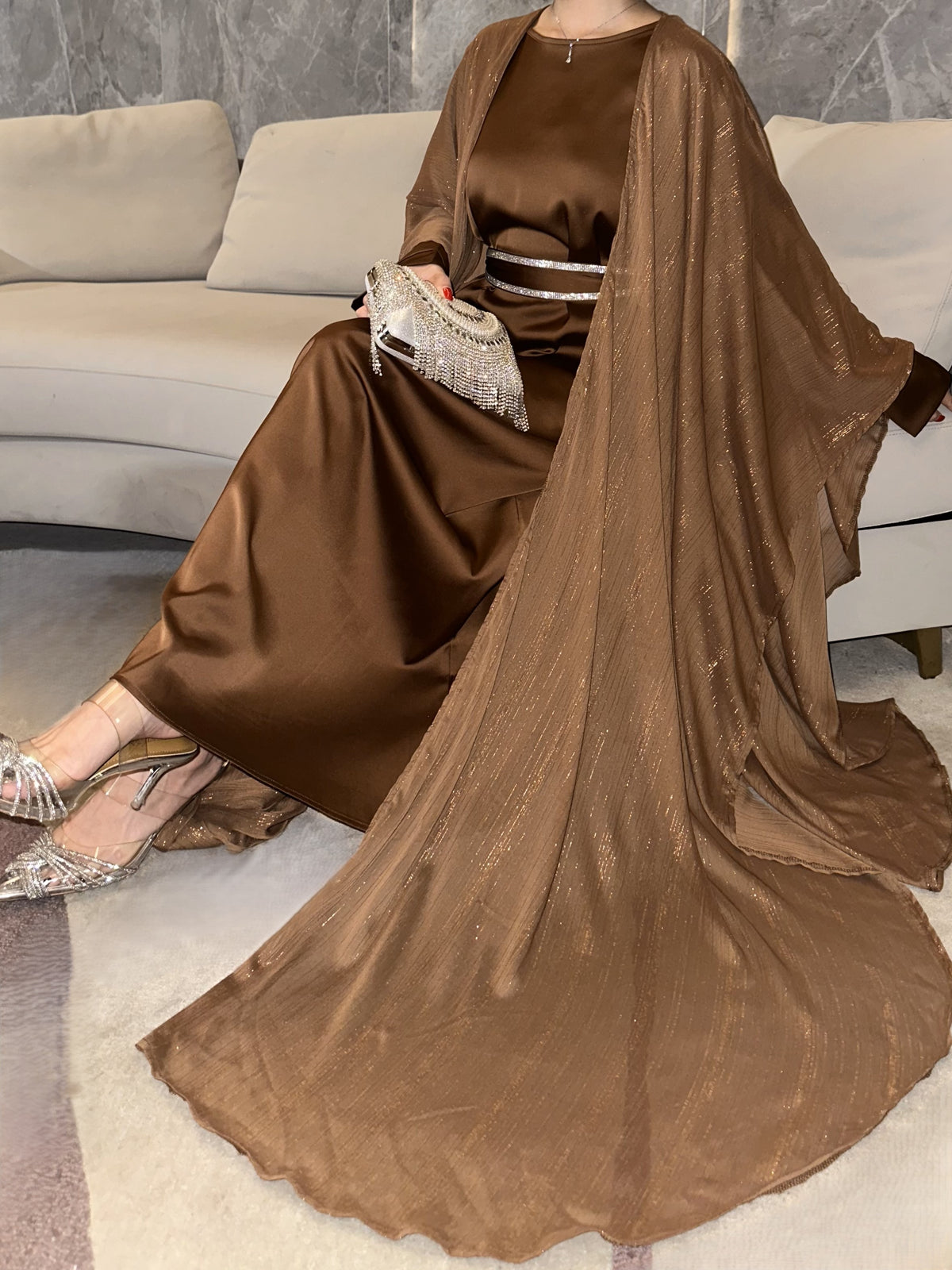 Eid Collection | Elegant Shimmery Abaya 3 pcs Set in Golden Brown