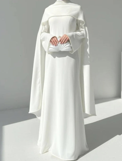 White Jersey Abaya with Matching Decorative Pearl Strip