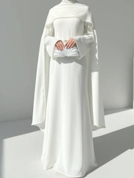 White Jersey Abaya with Matching Decorative Pearl Strip