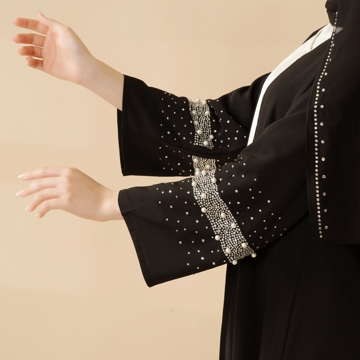 Decorative Open Abaya With Matching Hijab - Black