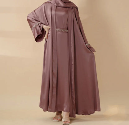Rhinestones Satin Abaya 6 pcs Set - Berry