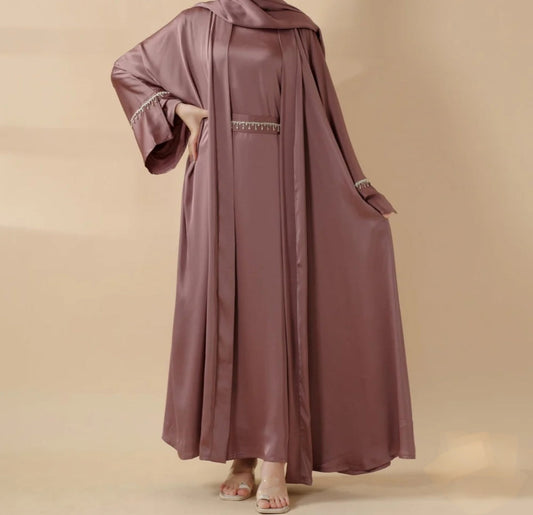 Rhinestones Satin Abaya 6 pcs Set - Berry